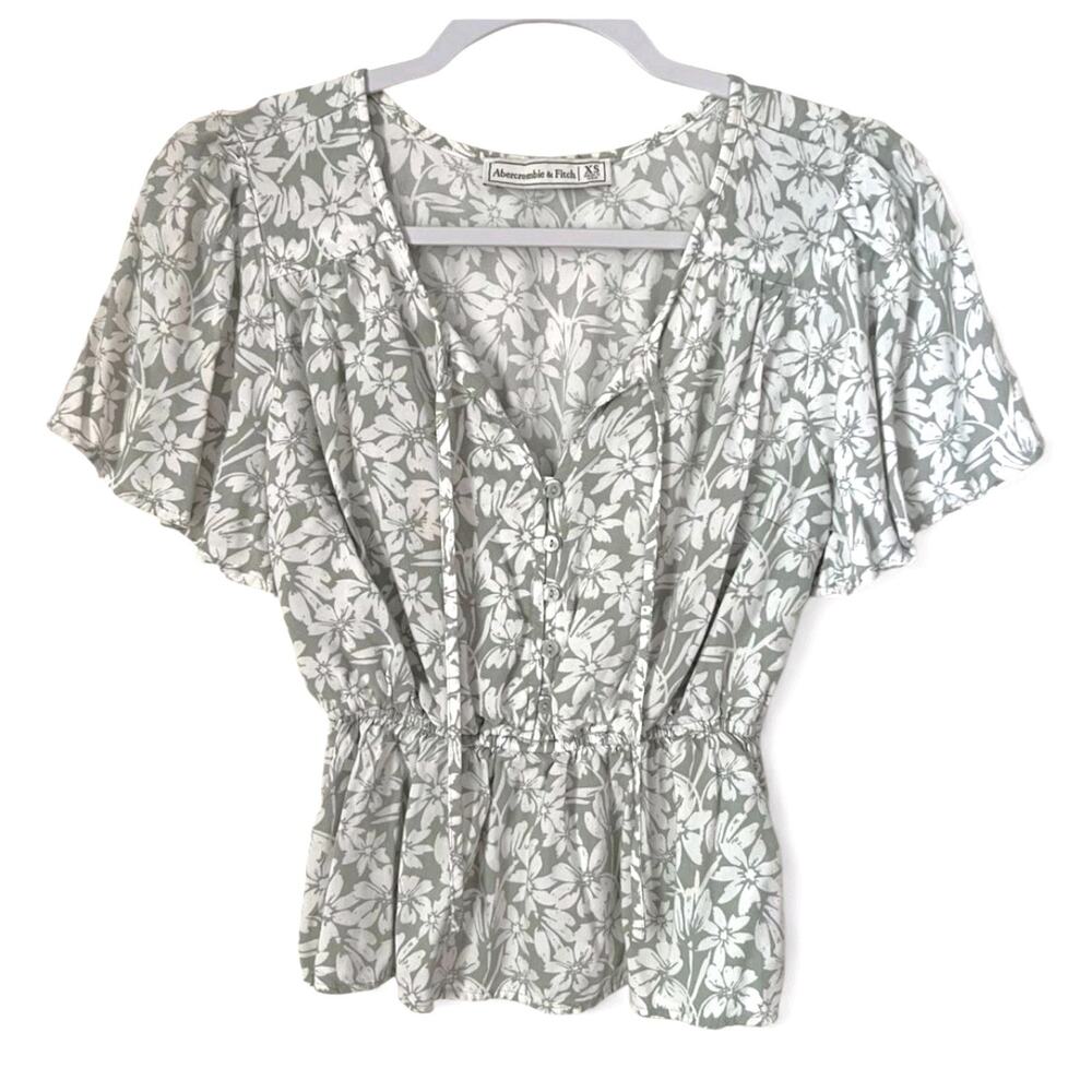 Abercrombie & Fitch Babydoll Top Gray Floral Flutter Sleeve Blouse Womens Large